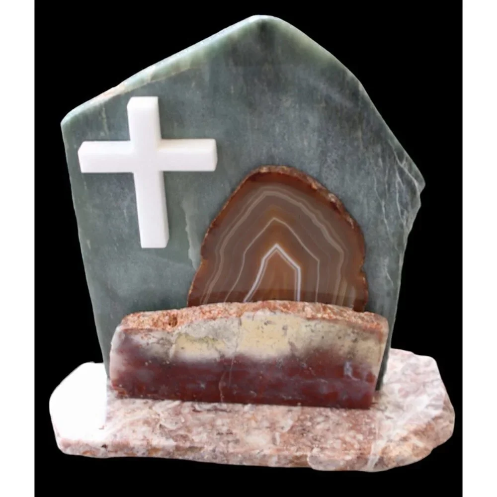 Hand made religious cross stones table decor sculpture agate, quartz, jasper